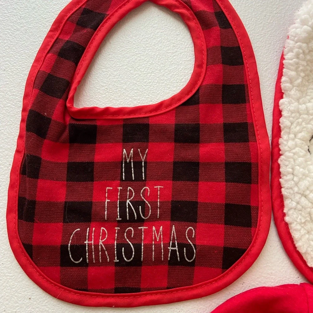 NWOT EUC Chick Pea baby first Christmas Santa plaid one size bibs hat bundle set